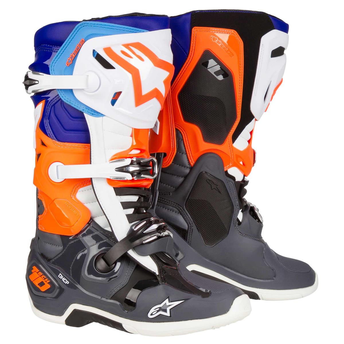 Alpinestars Motocross-Stiefel Tech 10 Cool Grey/Orange Fluo/Blau/Weiß
