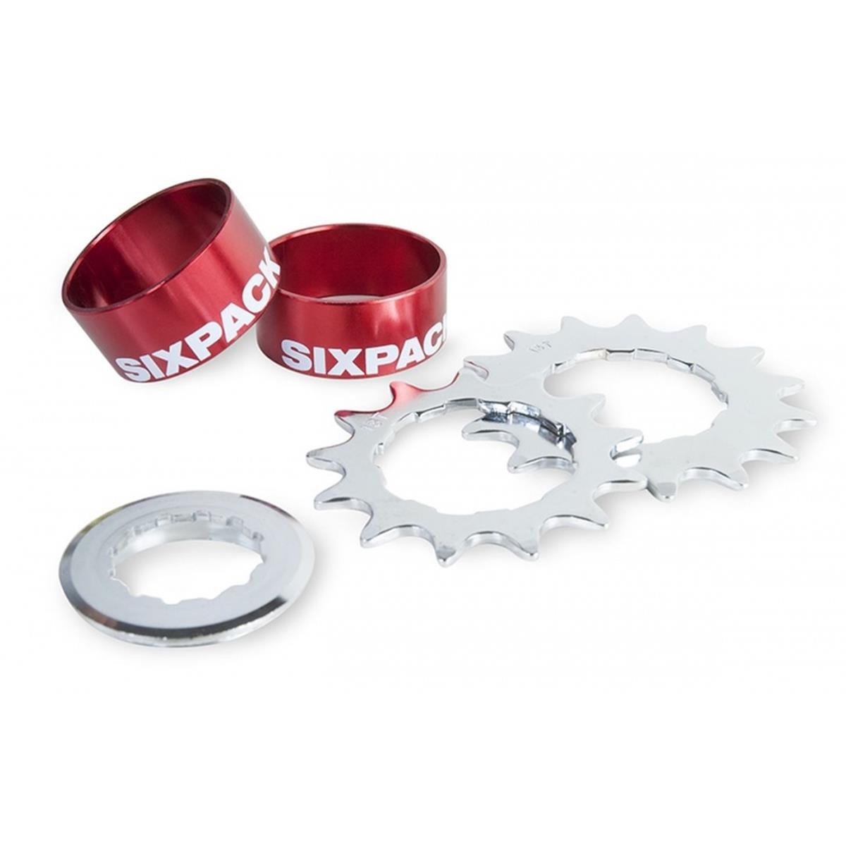 Sixpack Singlespeed Conversion Kit  Red, incl. 2 Chainrings (13 & 15T), fits 8/9710-speed Shimano/Sram Freewheels