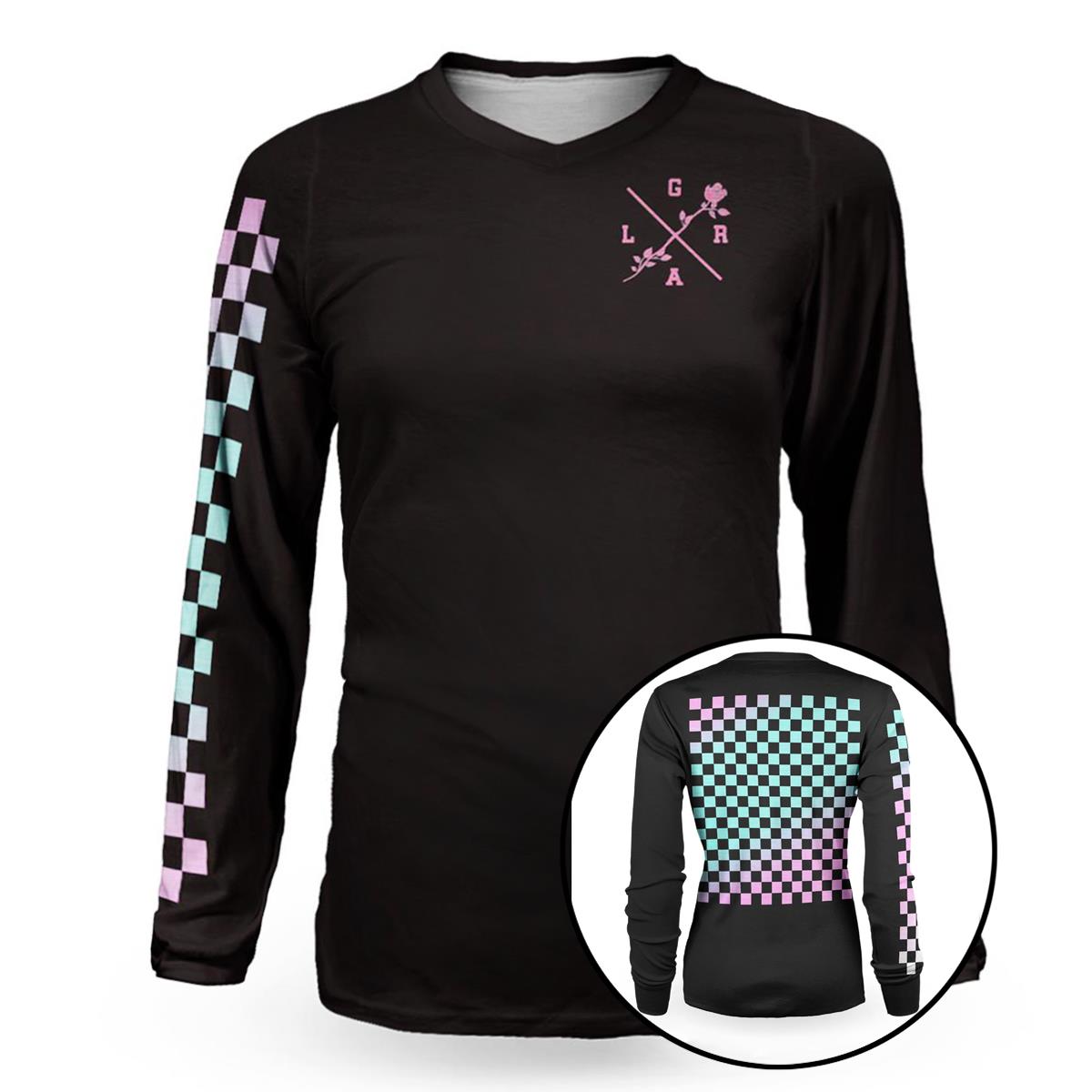Loose Riders Girls Bike Jersey Cult of Shred Checkers - Black/Turquoise/Pink