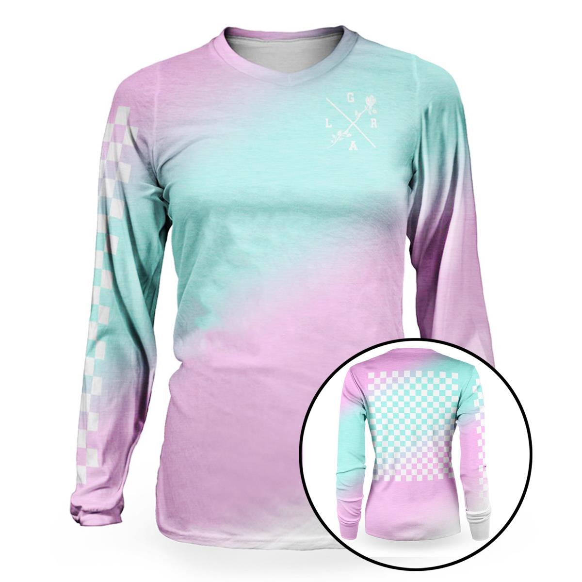 Loose Riders Girls Bike Jersey Cult of Shred Checkers Color - Pink/Turquoise/White