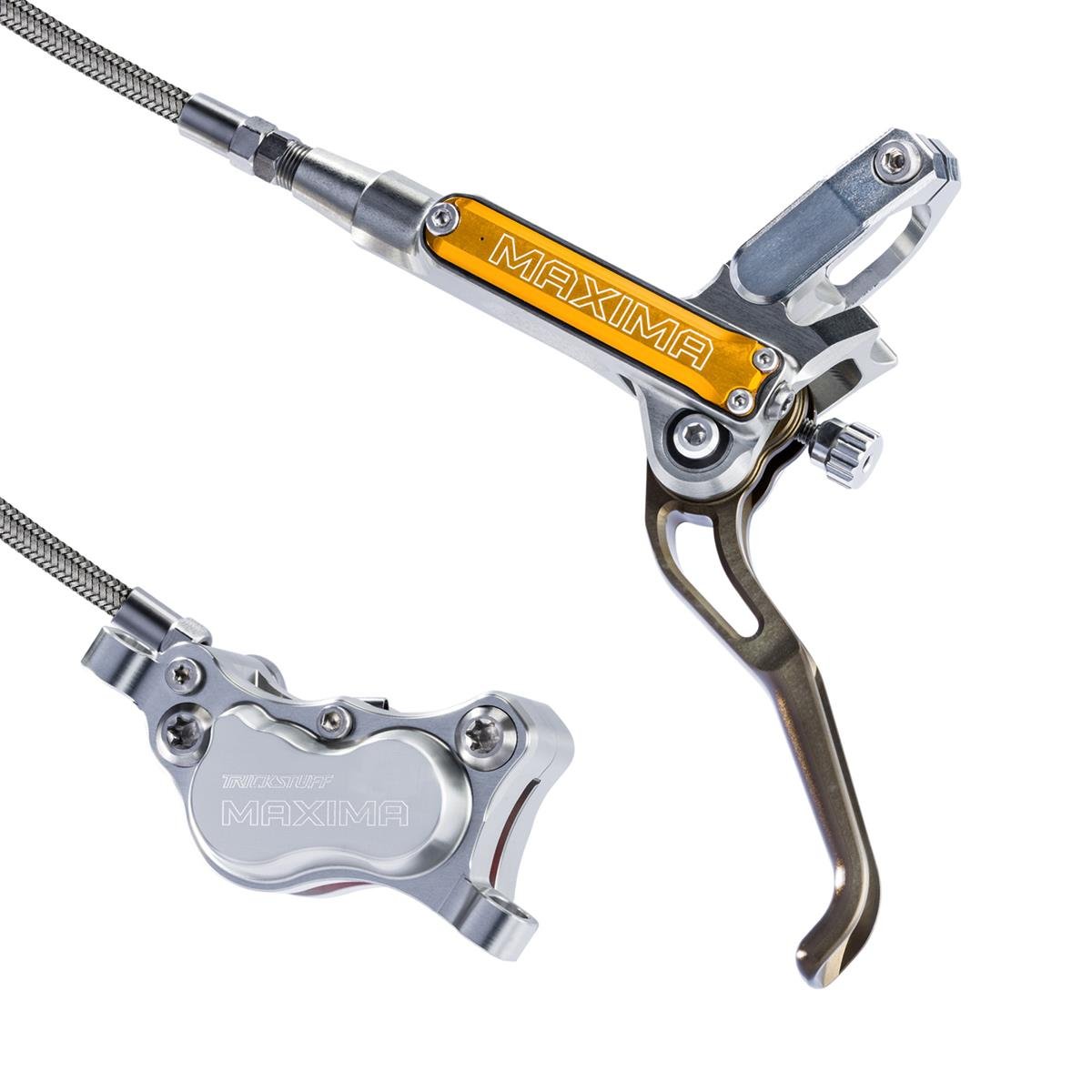 Trickstuff MTB-Bremsen-Set Maxima Silber/Orange, 4-Kolben, Stahlflexleitung zur internen Verlegung