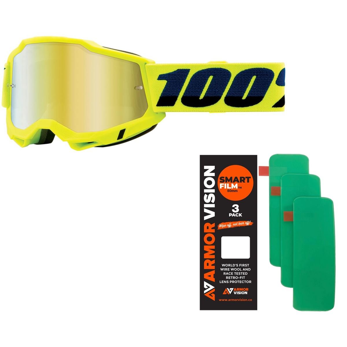 100% Goggle Accuri Gen. 2 / Armor Vision Set: 2 pieces, Fluo Yellow + Smart Film Lens Protector