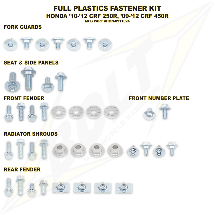 Bolt Fastener Kit Works for Plastics, Honda CRF 250 10-13, CRF 450 09-12