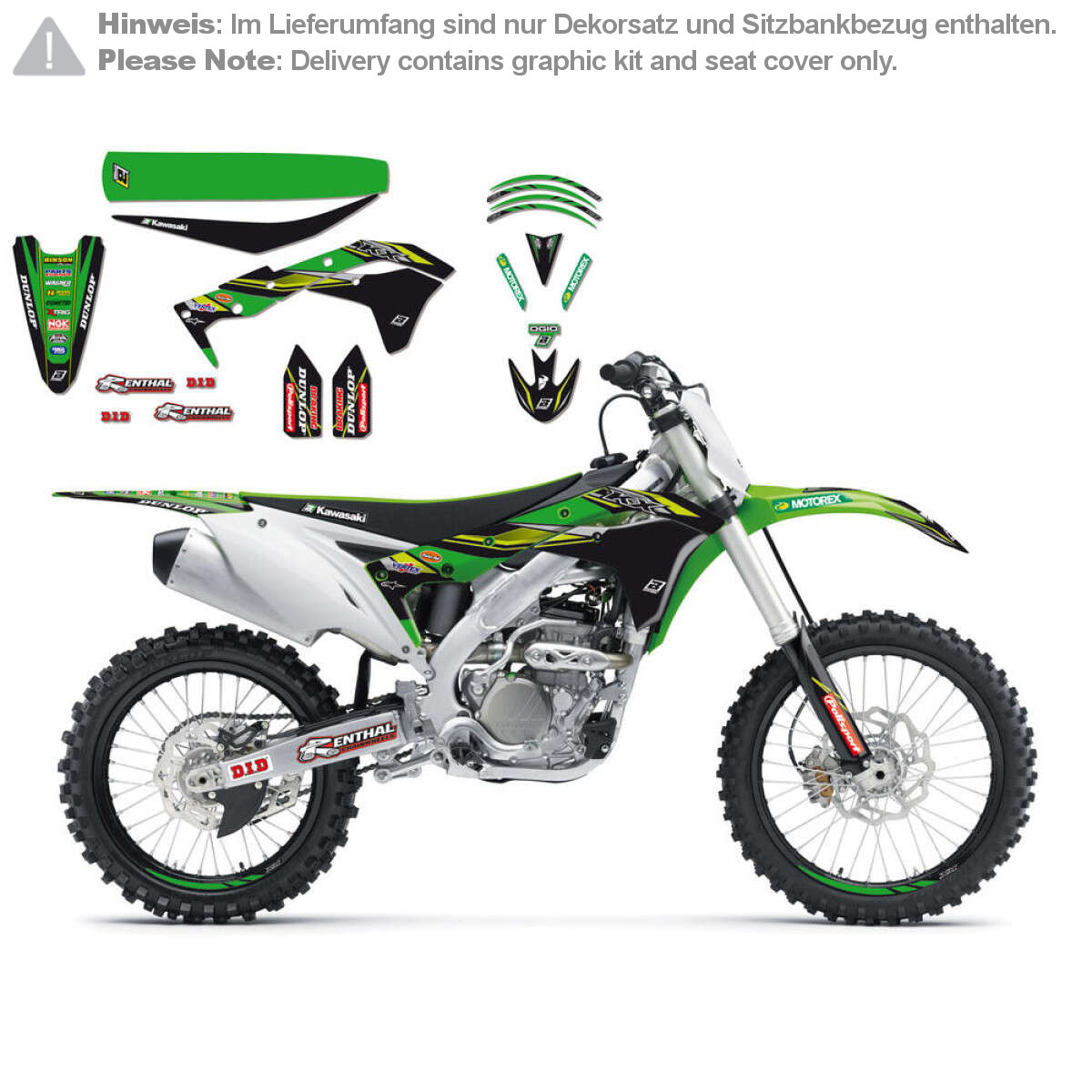 Blackbird Racing Graphic Kit with Seat Cover Replica Team Kawasaki KX-F 250 '17, Team Kawasaki Racing '17, Green/Black