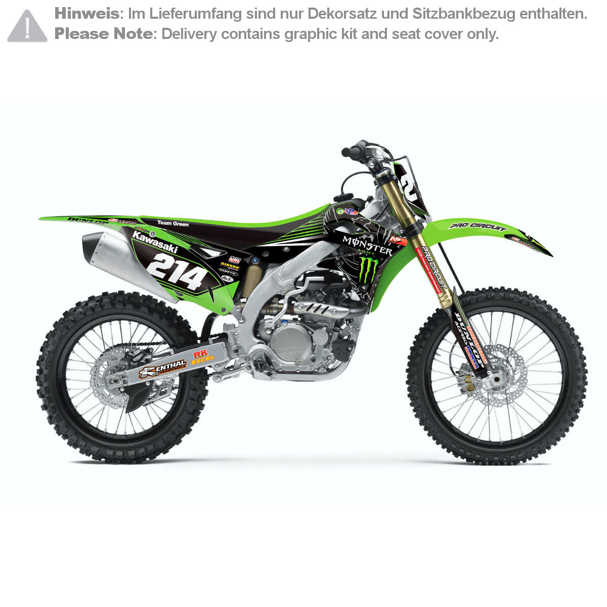 N-Style Graphic Kit with Seat Cover Monster Energy/Team Green Kawasaki KX 125/250 03-08, Green/Black