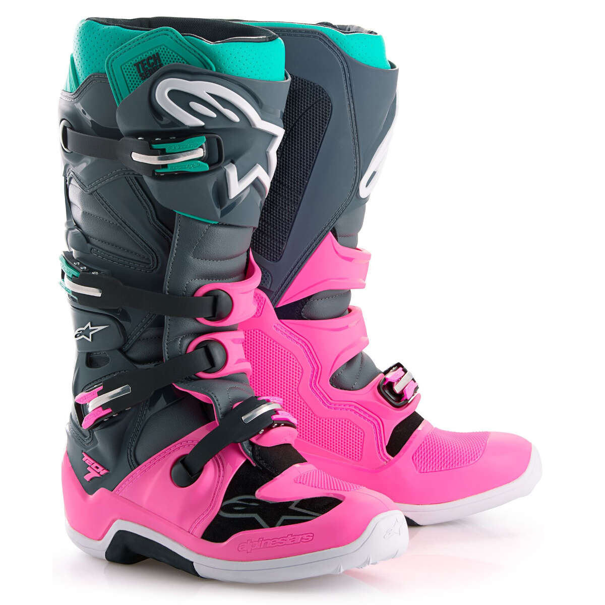Alpinestars Bottes MX Tech 7 Limited Edition Indy Vice, Gris/Rose/Turquoise